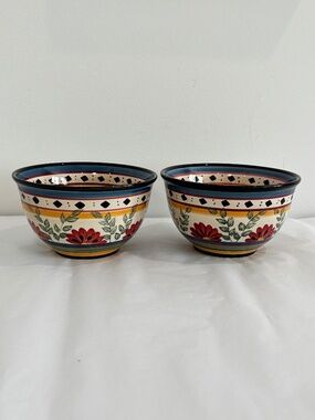 PIER 1 SET OF TWO bowls hand-painted Earthenware 'Alexandria' floral pattern